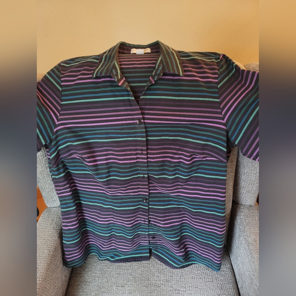 Coldwater Creek Black Purple Striped Button Up No Iron Size 1X / 18 - Picture 2 of 7
